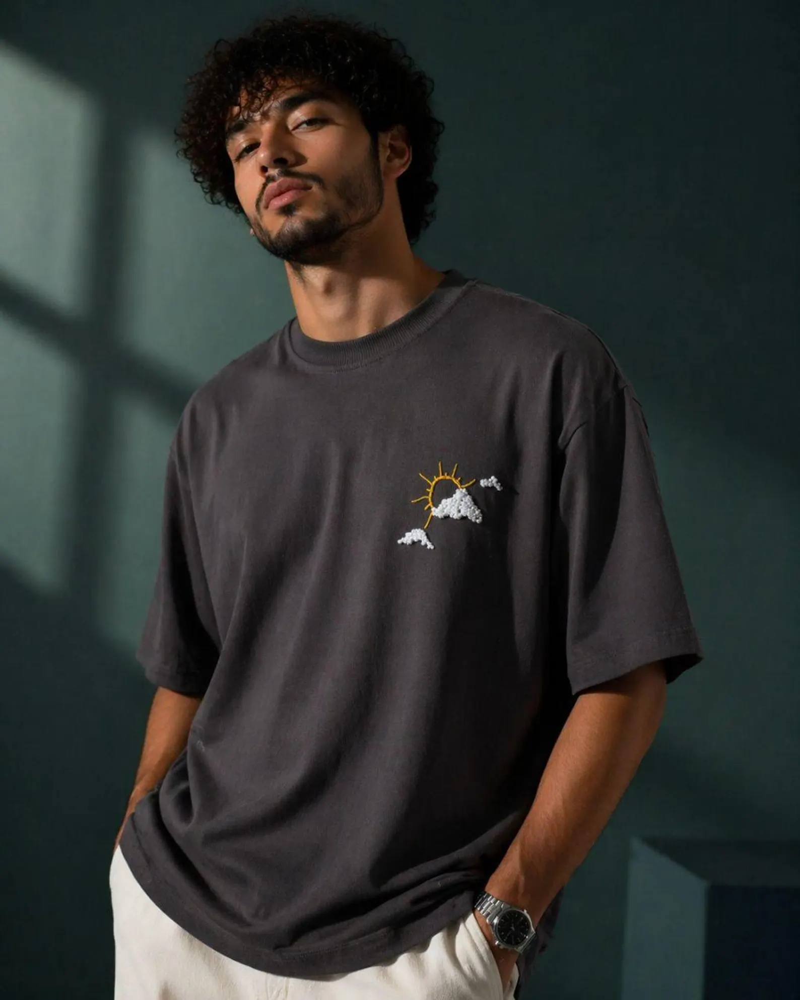 Hand Embroidered Sun Cloud Oversized T-Shirt | Unisex Minimal Art Tee | Handmade Cotton Streetwear | Aesthetic Nature Design